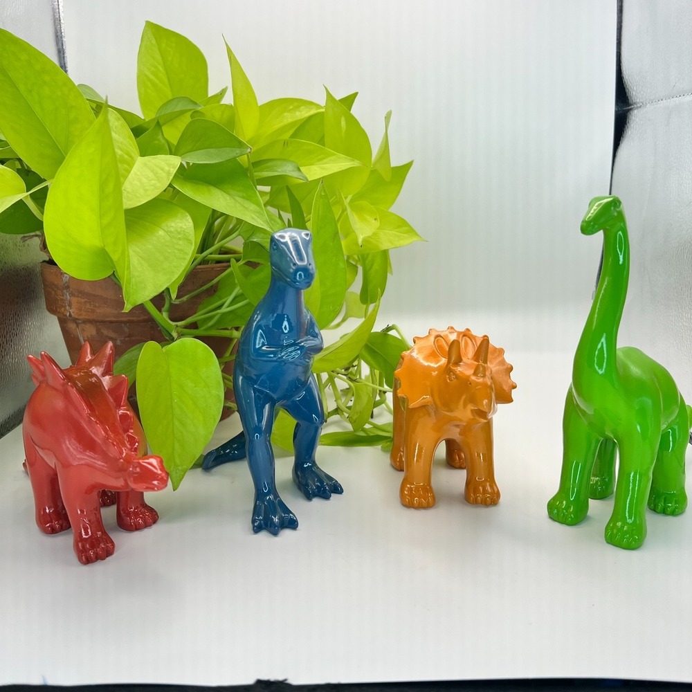 4 Dinosaurs Blue TRex Red Stegosaurus Green Brontosaurus Orange Triceratops Deco